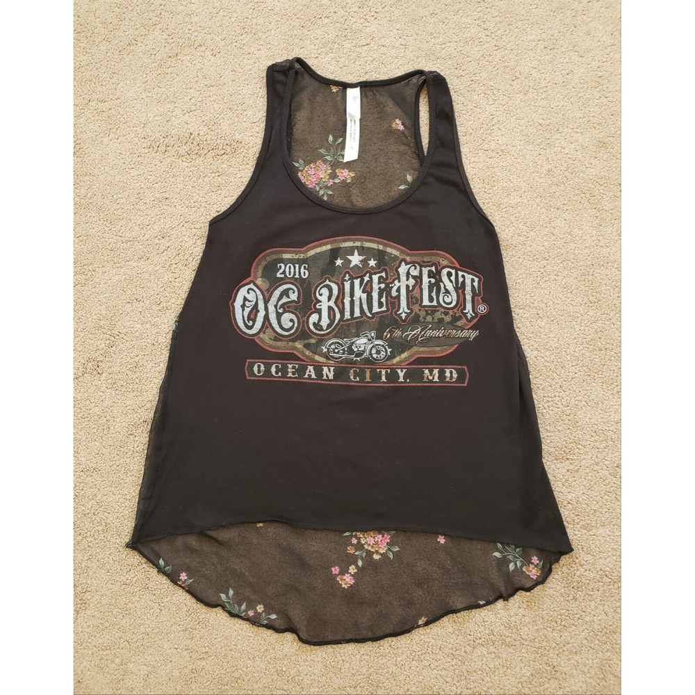 2016 Ocean City MD Bike Week Sz Small See Through Floral Back Black Tank Top